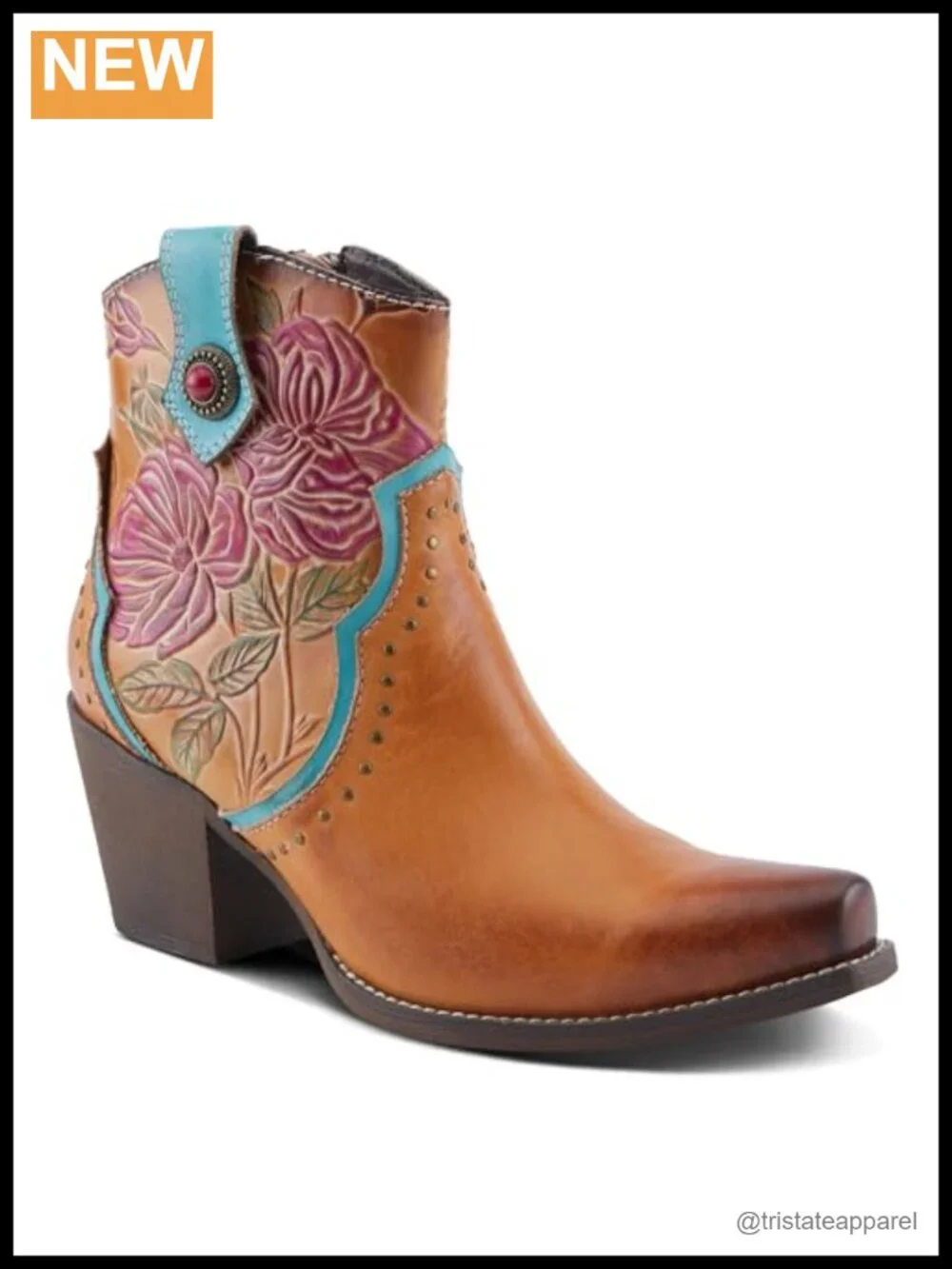 Mid-Calf Floral Cowboy Bootie Leather Ankle High Zipper Casual